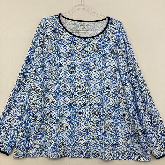 Lands' End size 3X Blue Geometric Pattern Stretch Sun Protection Long Sleeve Top - Picture 1 of 9